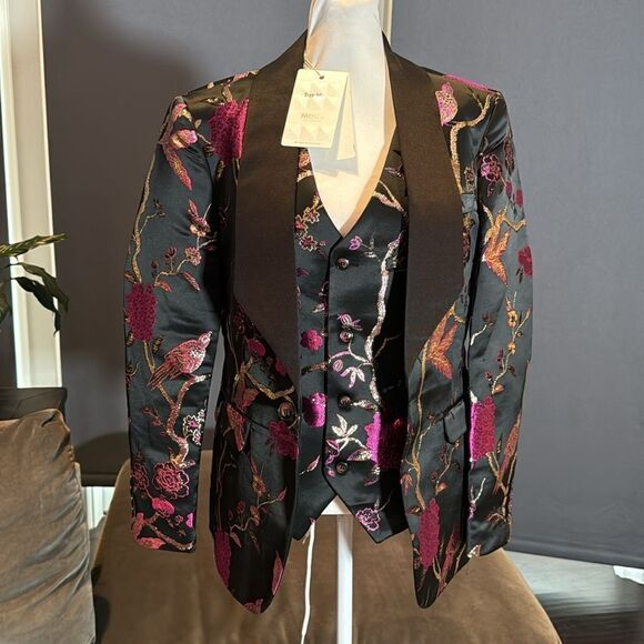 Men’s Floral Black Tuxedo Jacket & Vest Set Shawl Lapel Formal Party Size 30 NWT - Picture 6 of 13